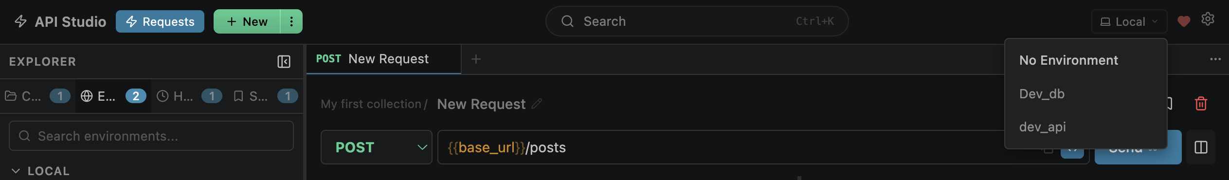 Environment dropdown showing Local and Global environments